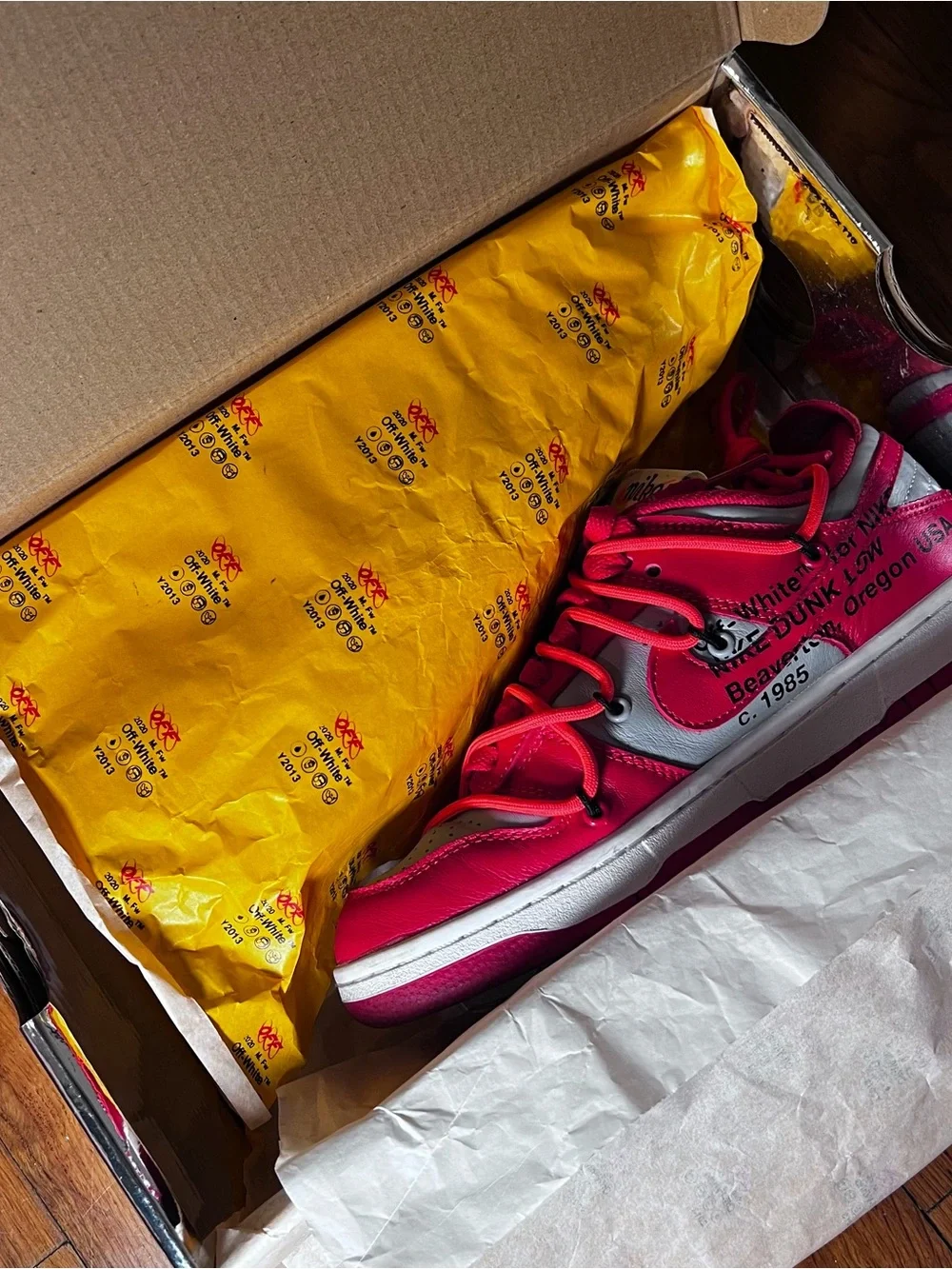 Nike Dunk Low x Off-White University Red 2019 with Double Laces